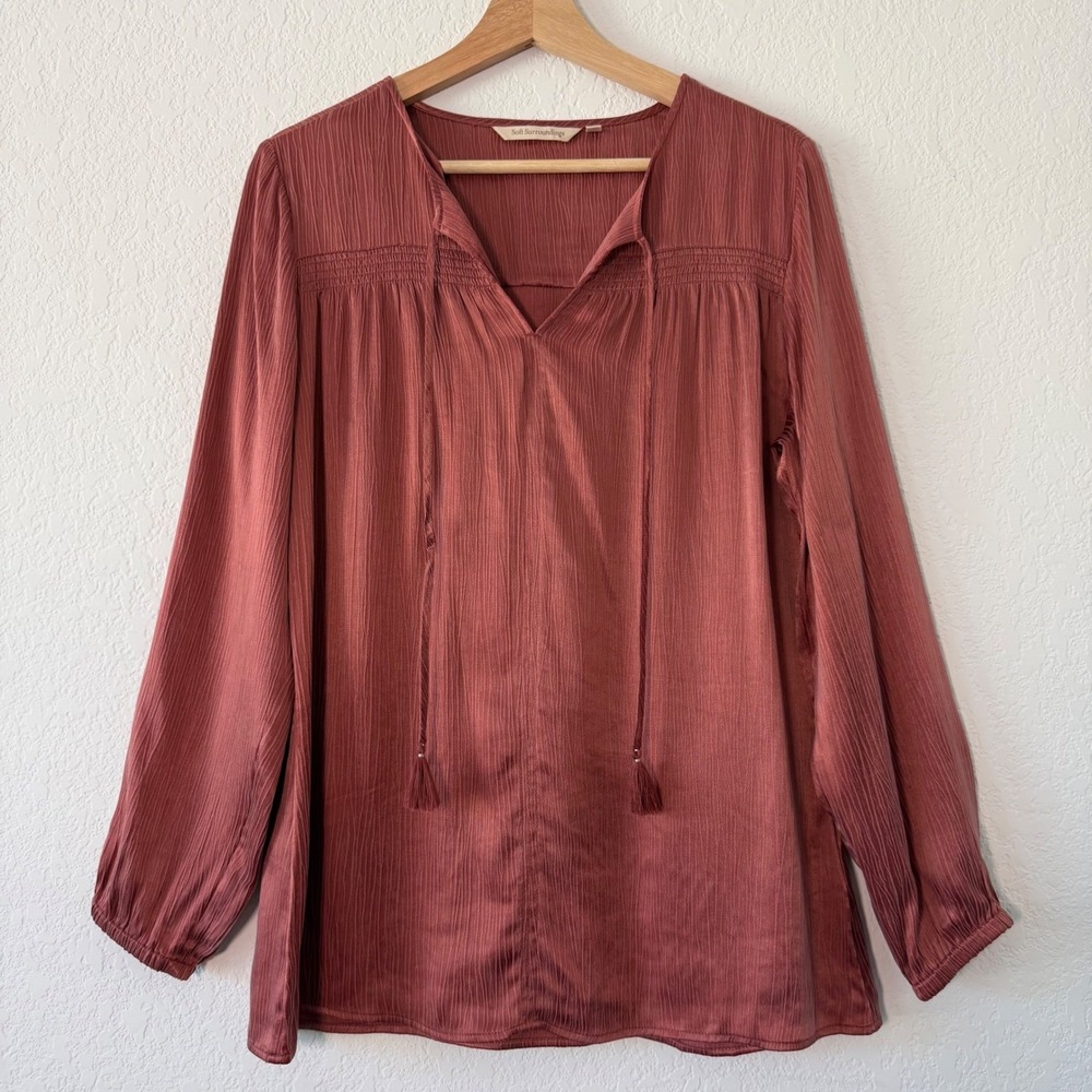 Soft Surroundings Lumi Blouse Cupro Rayon Crinkle Tassel Tie Top Small - Picture 2 of 8